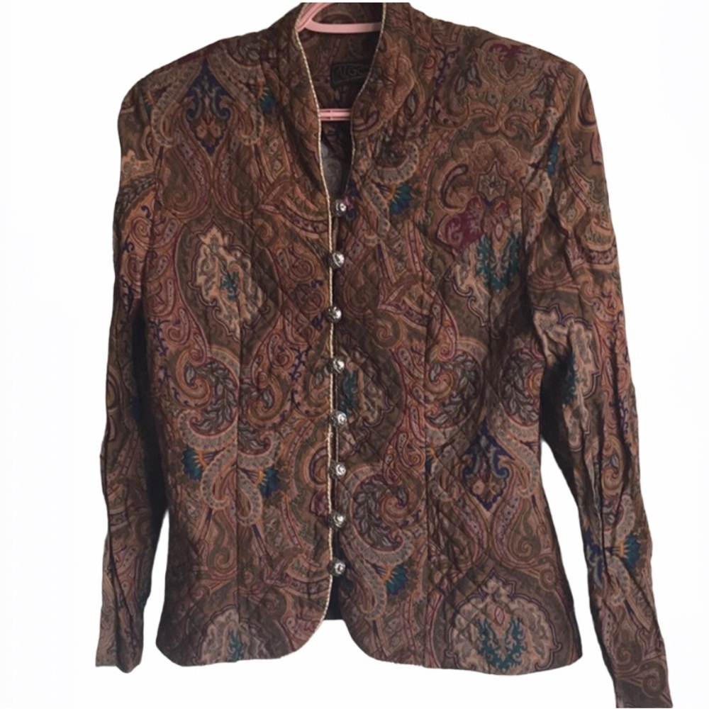 ALGO Women’s Vintage Paisley Padded Shoulder Partly Quilted Button Front Blazer
